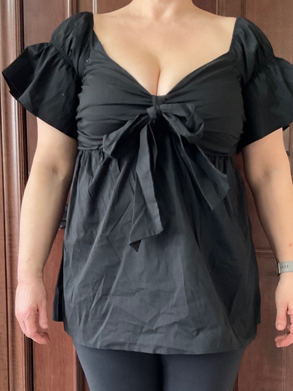 Tie-Front Puff Sleeve Black Women's Top